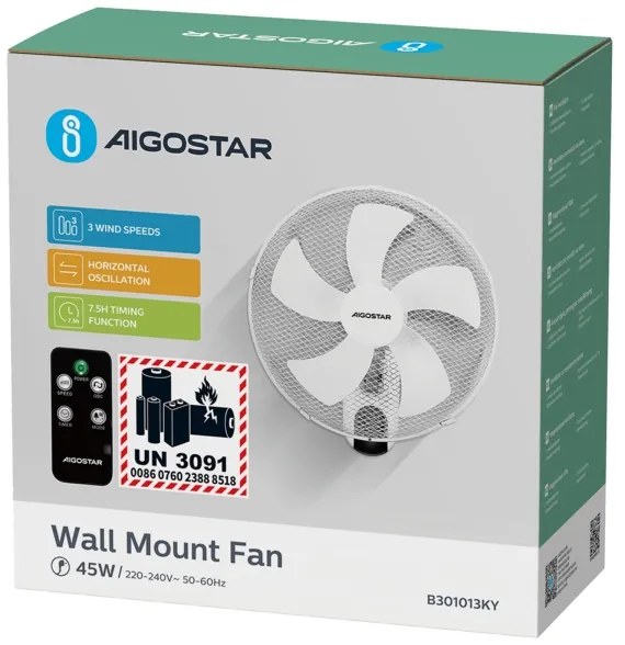 Aigostar -  Nástenný ventilátor 45W/230V biela + DO