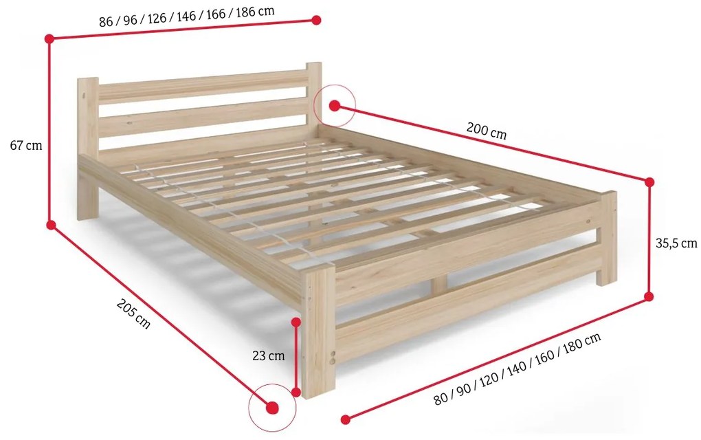 Posteľ z masívu HEUREKA + pěnový matrac DE LUX 14 cm + rošt ZADARMO, 140x200, prírodný-lak