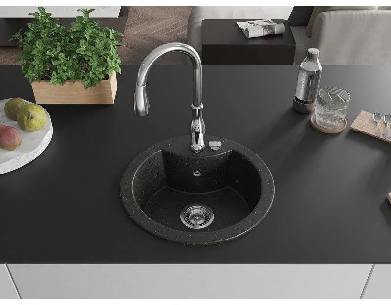 Mexen Diego, 1-komorový granitový drez 488x488x167 mm a drezová batéria Savita, čierna-zlatá metalíza, 6512-75-672601-00