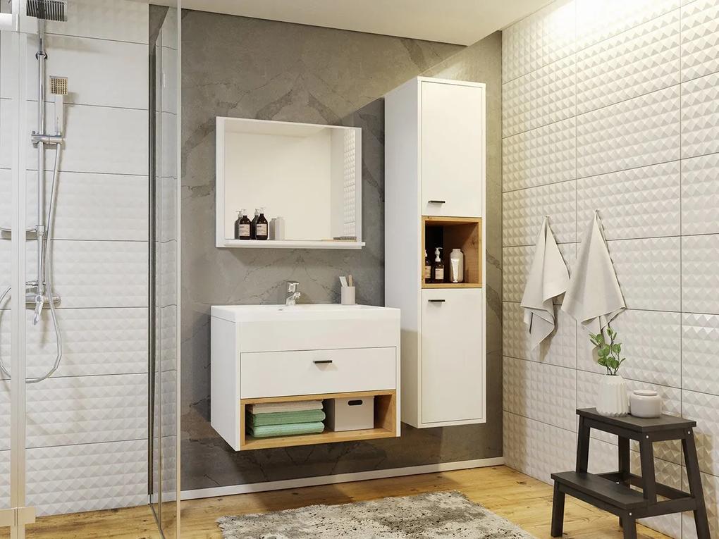 Kúpeľňový nábytok Olier I, Farby: biely / biely + dub artisan, Sifón: bez sifónu, Umývadlo: áno, Umývadlová batéria: nie