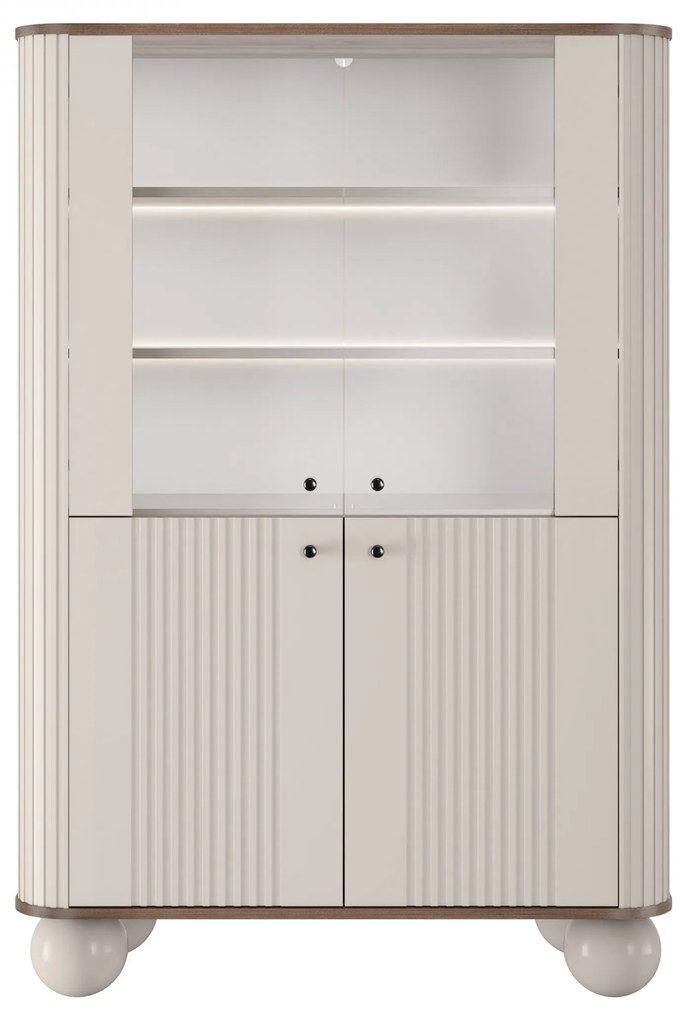 Vitrína Vesper 103 cm štvordverová - kašmír / orech / čierne úchytky / guľaté nohy