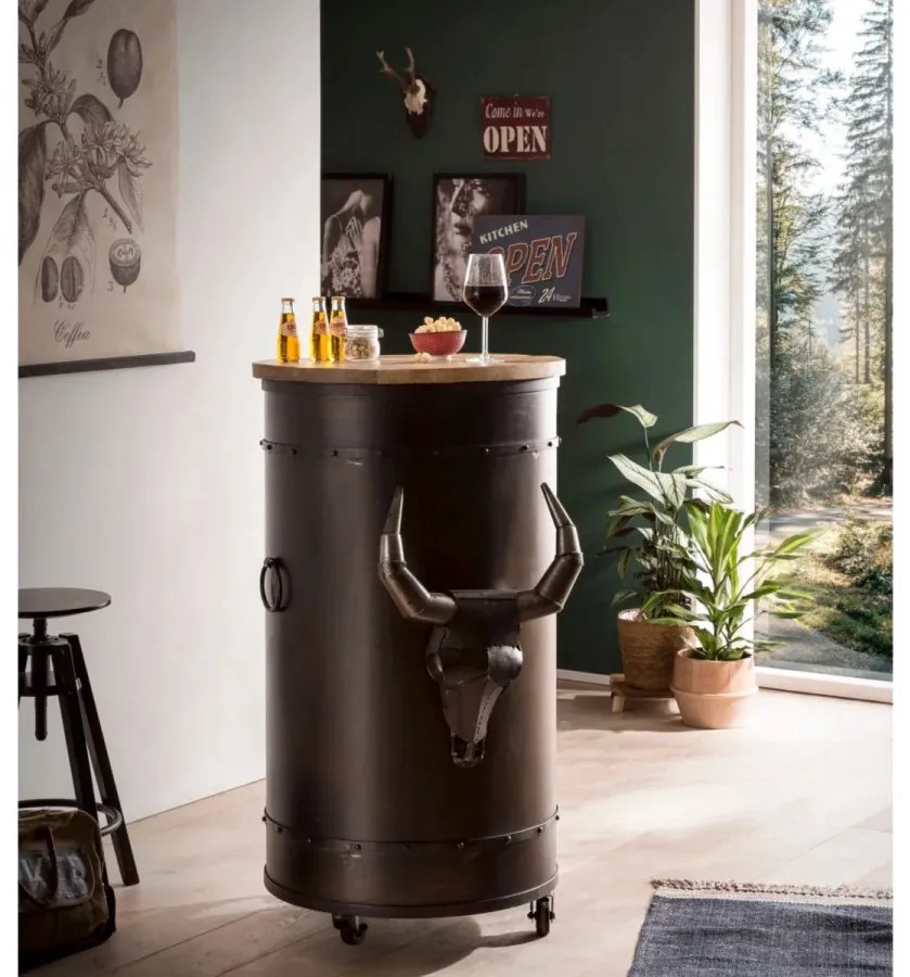 furniture-nabytek.cz - Masivní barový stůl Yorkshire z mangového dřeva a kovu, lakovaný, černý – kulatý