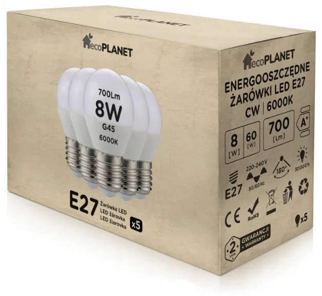 ecoPLANET 5x LED žiarovka E27 - G45 - 8W - 700lm - studená biela