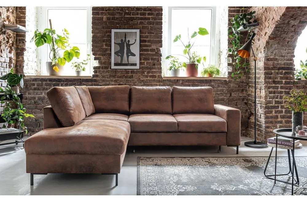 Hnedá rozkladacia rohová pohovka z imitácie kože (ľavý roh) Lofty Lilly – Miuform