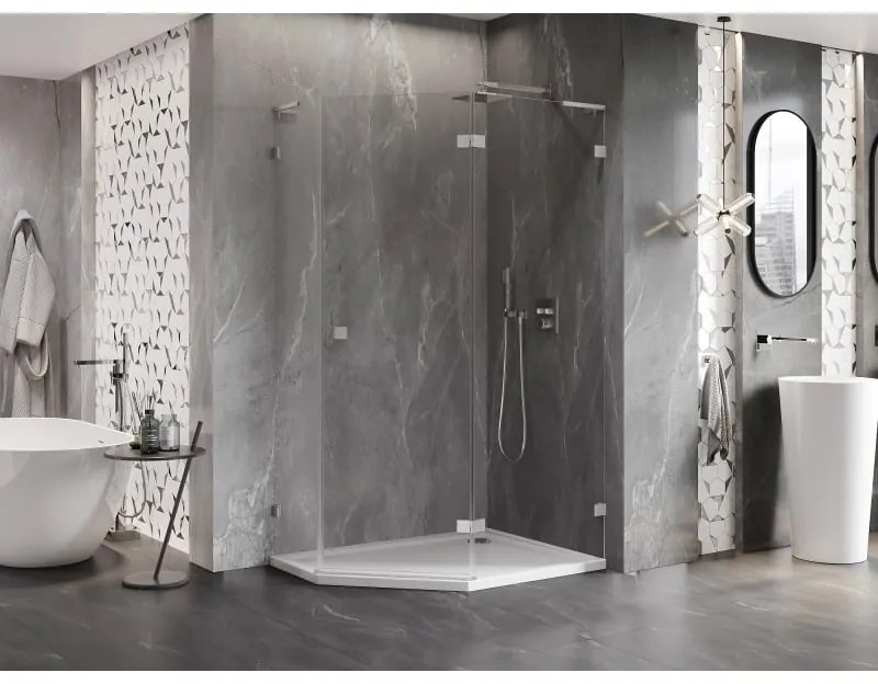 Mexen Lunar, L pravý výklopný päťuholníkový sprchový kút 100x90 cm, 8mm číre sklo, oceľový profil, 831L-100P-090L-97-00-P