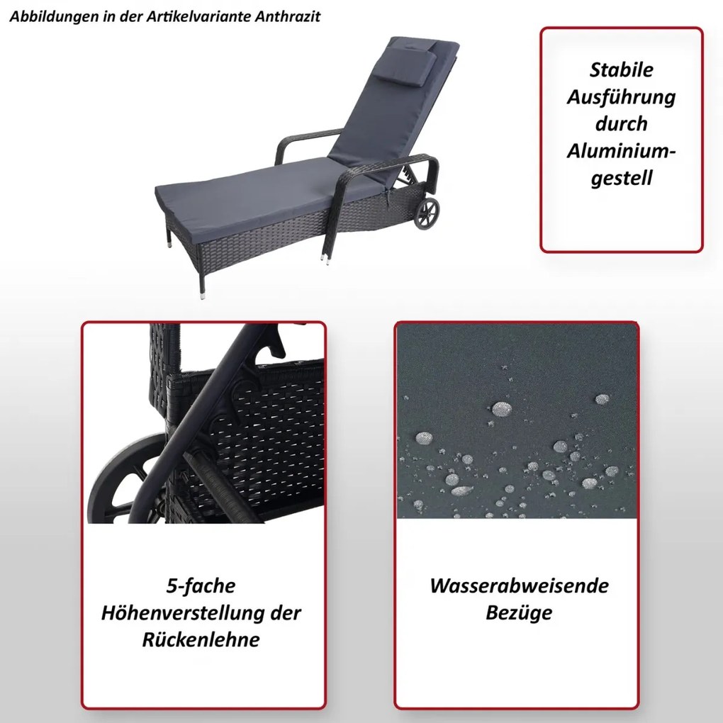 Záhradné lehátko Carrara, polyratan / hliník - antracit, svetlozelený vankúš