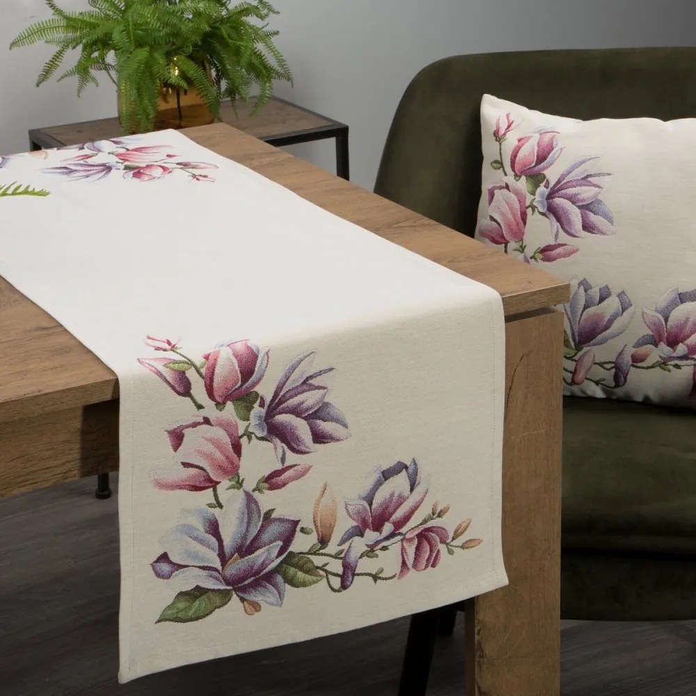 Béžový gobelínový obrus s jemným tkaným vzorom magnólie Šírka: 45 cm | Dĺžka: 140 cm