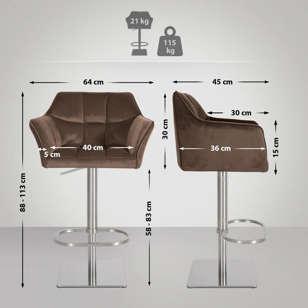 Barová stolička Damaso E - zamat, nerez rám - Hnedá