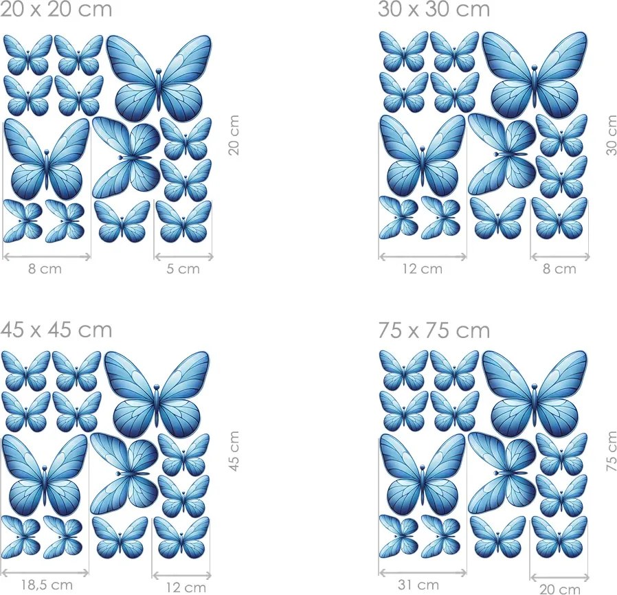Motýle svetlomodré 13 ks textilní prelepiteľné nálepky na stenu list 30 x 30 cm