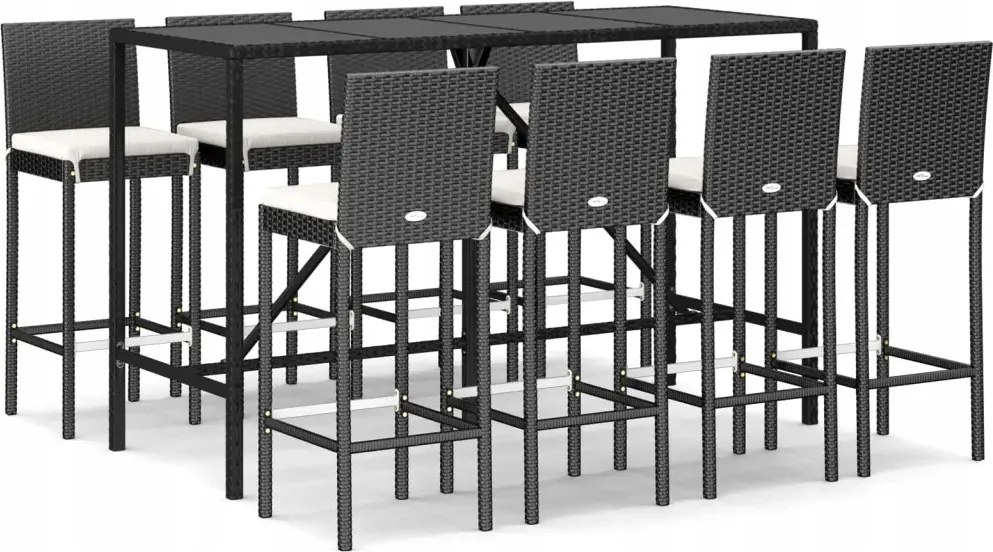 vidaXL 9-dielna sada barového nábytku s vankúšmi, čierna, polyratan