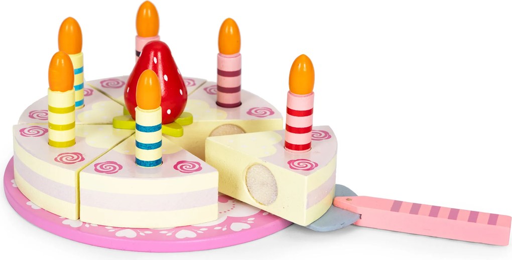 Drevený narodeninový tort na suchý zips pre deti 15 dielov – sviečky a jahoda ECOTOYS