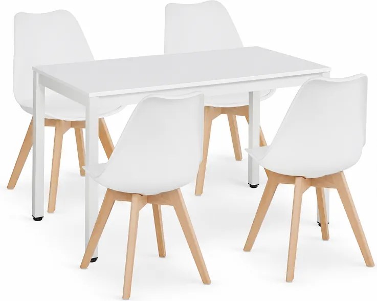 Jedálenský set: TESSA 120×60 cm biely/biely + 4 ks OSLO stoličky biele/prírodné nohy