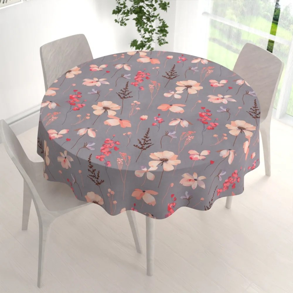 Biante Bavlnený okrúhly obrus Sandra SA-537 Ružové kvety na sivom Ø 70 cm