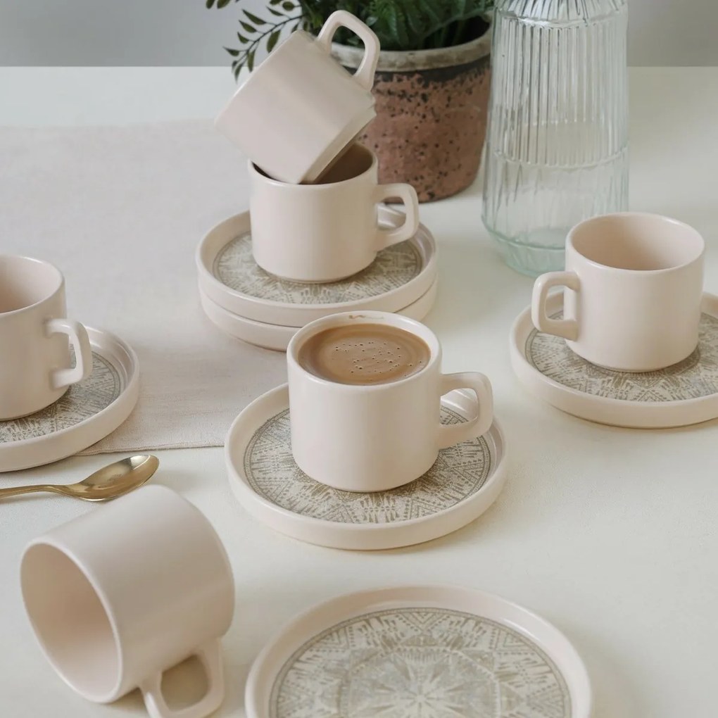 Sada 6 kameninových šálok s tanierikmi Boho Brew184 ml