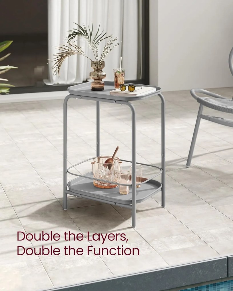 Príručný stolík 2-úrovňový, kovový stolík s podnosom, sivý