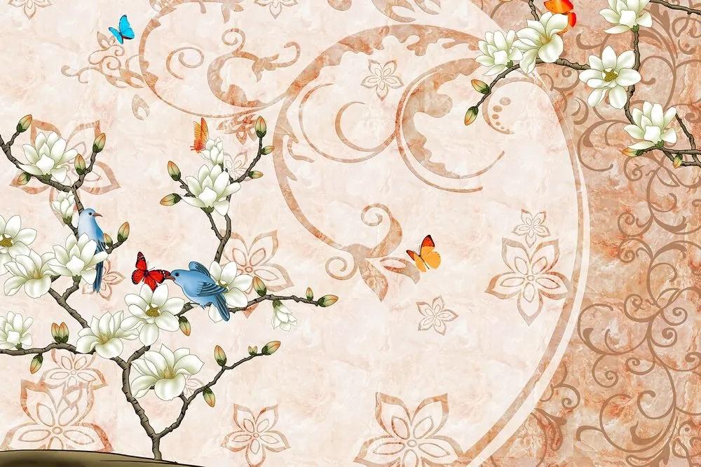Samolepiaca tapeta vintage zátišie s vtáčikmi a motýľmi - 225x150