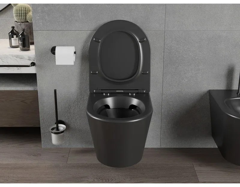 Mexen Rico závesné wc Rimless s toaletným Slim sedátkom z duroplastu, čierna matná - 30721085