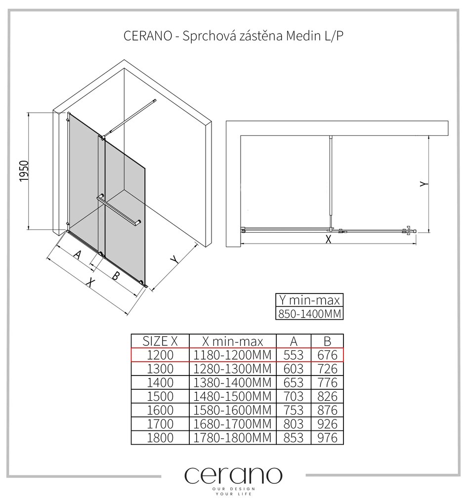 CERANO - Sprchová zástena Medin L/P - čierna matná, transparentné sklo - 120x195 cm - dvojdielna posuvná, CER-CER-478009