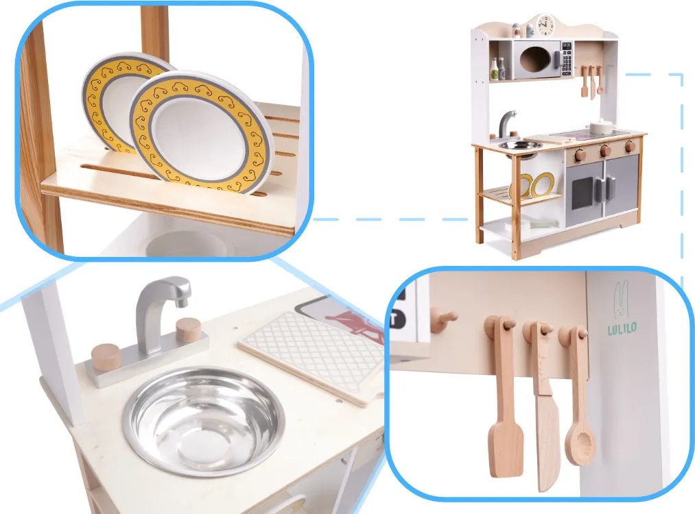 KIK LULILO Detská drevená kuchynka MDF KUKETO s príslušenstvom – kuchynská linka pre deti