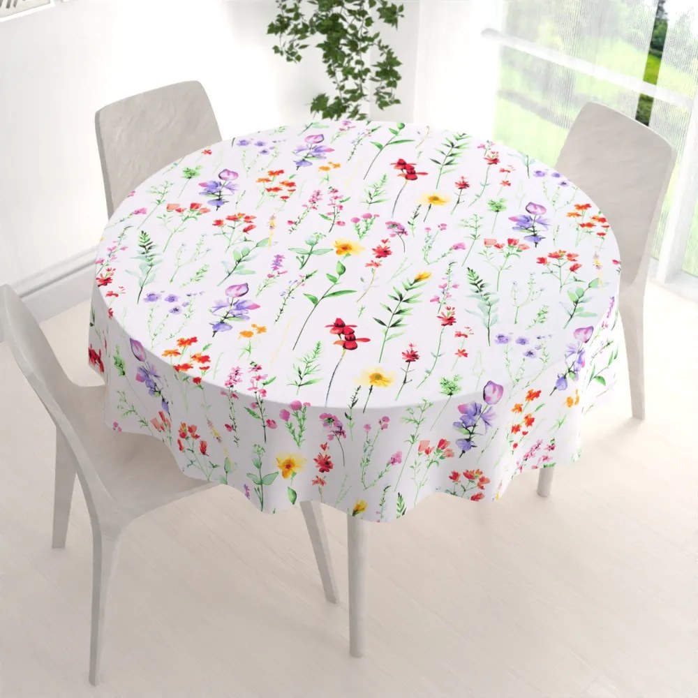 Biante Bavlnený okrúhly obrus Sandra SA-492 Kvetovaná lúka na bielom Ø 140 cm