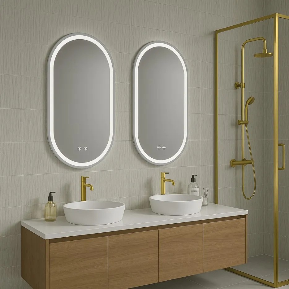 Erga Lyra, oválne LED zrkadlo 60x90cm, 3 farby svetla, predné a zadné osvetlenie, vyhrievacia podložka proti zapareniu, ERG-V01-Lyra-6090-CL