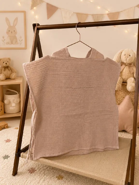 Detské mušelínové pončo s kapucňou a uškami Mocca 100 % bavlna Veľkosť: S: 1-3 Y