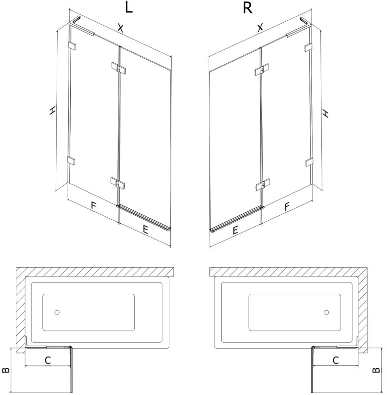 Mexen Lunar L, pravá 2-krídlová vaňová zástena 120 x 150 cm, 8mm číre sklo, biely profil, 897L-120-100-20-00-P