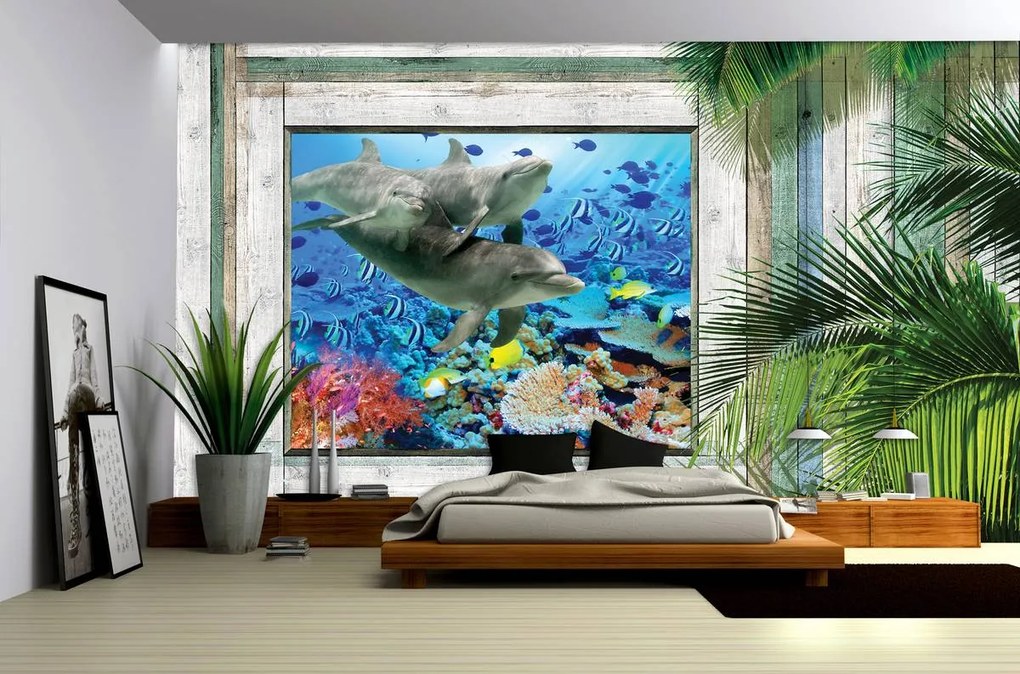 Fototapeta - Delfíny a ryby pod morom (152,5x104 cm)