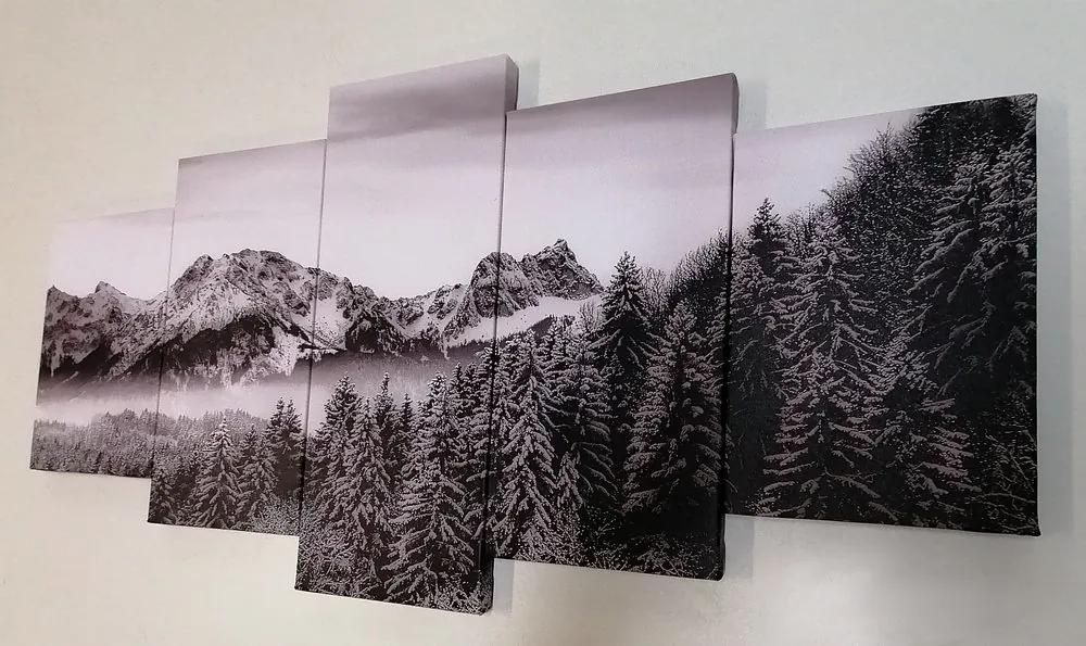 5-dielny obraz zamrznuté hory v čiernobielom prevedení - 200x100