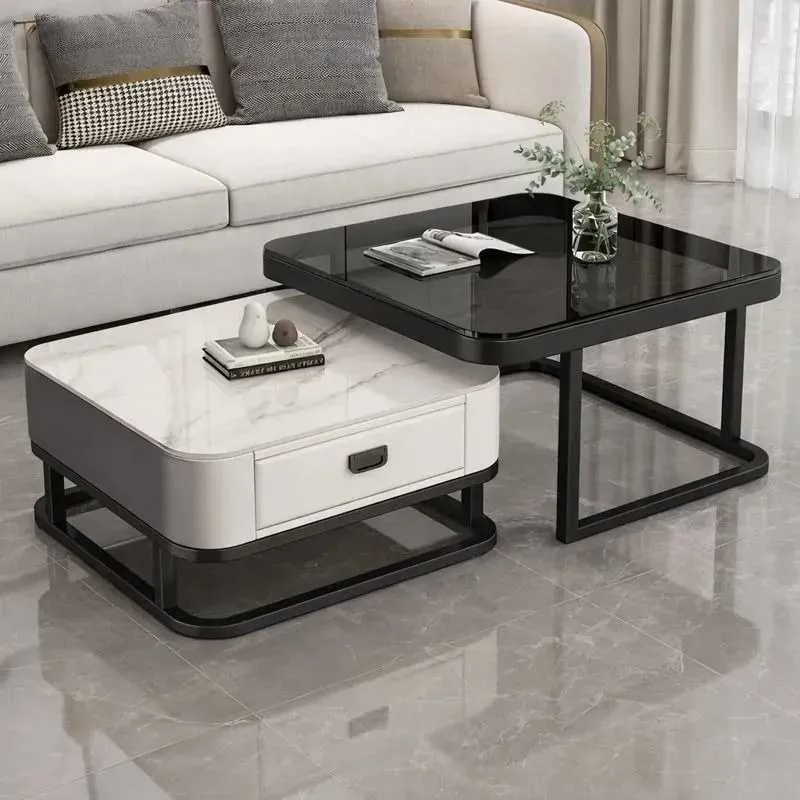 LuxuryForm DESIGN Konferenčný stolík ARAGON 70 × 70 / 60 × 60 cm – biely / biely mramor + sklo (set 2 ks)