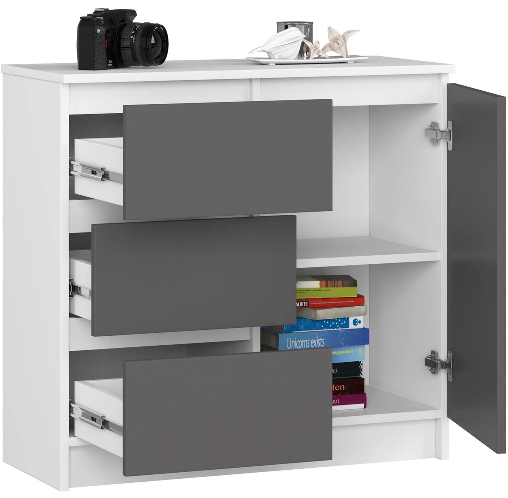 Komoda JERRY K 80 cm 1 dveře 3 zásuvky bílá/šedá
