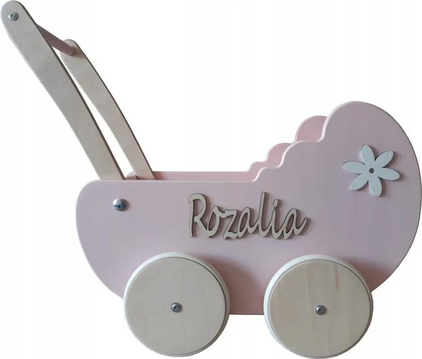 Drevený kočík pre bábiky s dekoráciou ružová + drevo