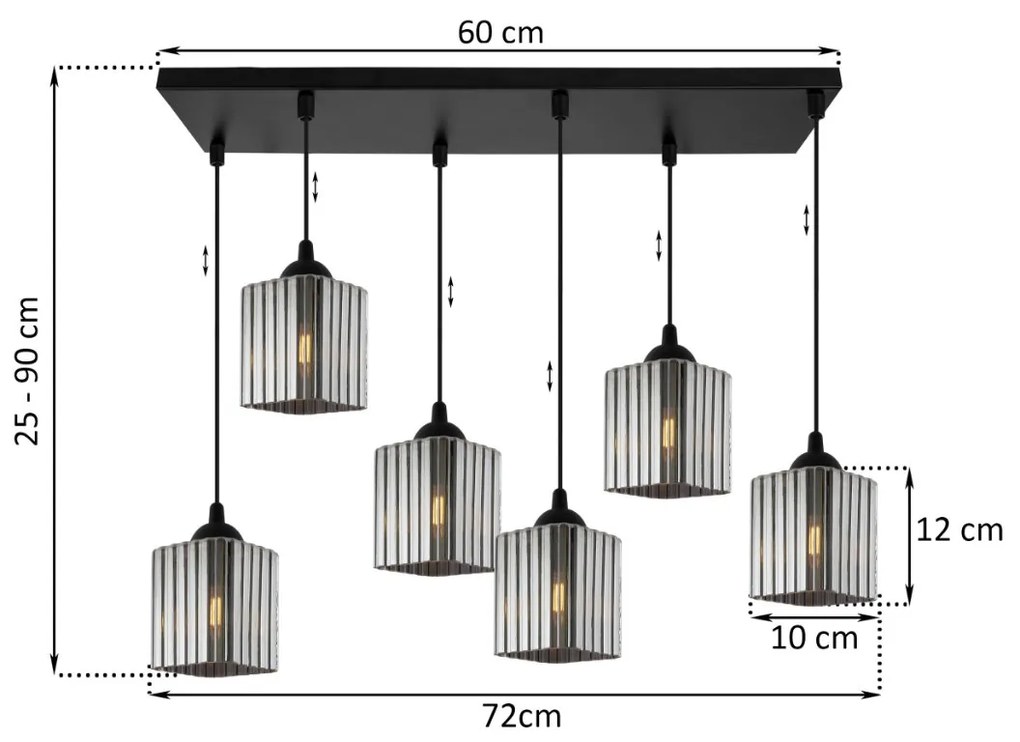 Závesné svietidlo Riffle Square, 6x grafitové sklenené tienidlo, b
