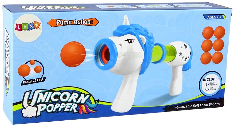 LEAN TOYS Vystreľovač mäkkých loptičiek Jednorožec – modrá