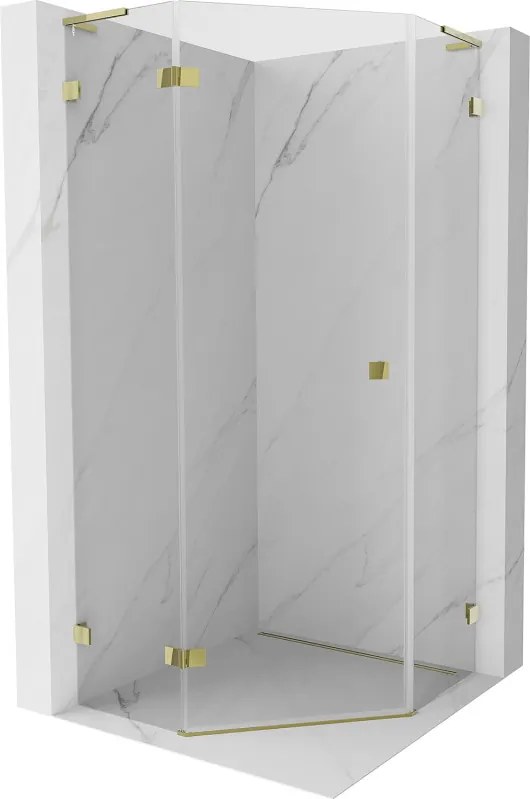 Mexen Lunar, L päťuholníkový sprchový kút naklápací doľava 100 x 100 cm, 8mm číre sklo, zlatý profil, 831L-100L-100P-50-00-L