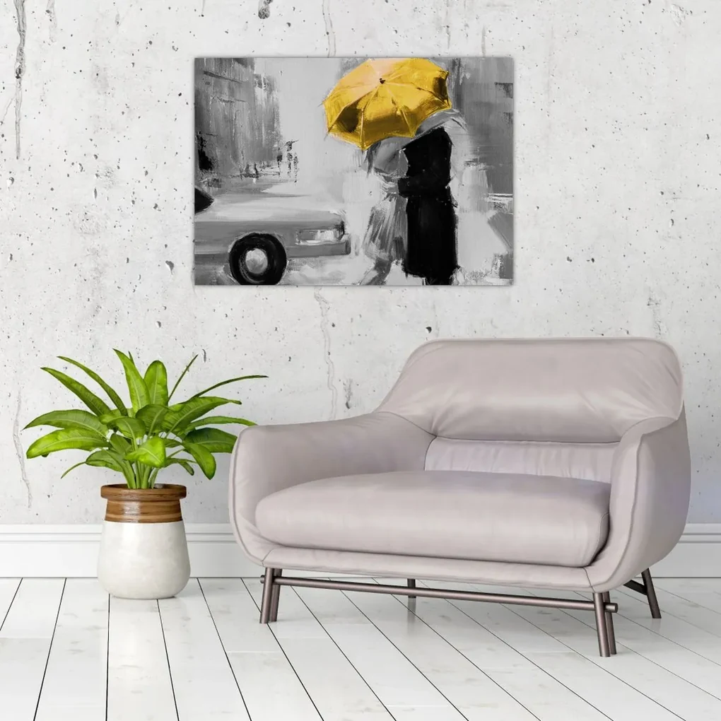 Obraz - Zamilovaný pár pod dáždnikom, žltý (70x50 cm)