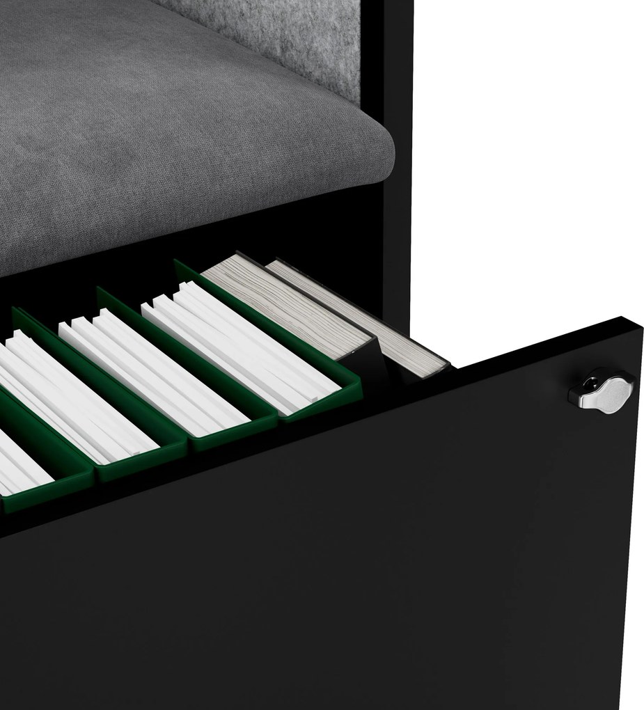 Kancelárska akustická kabína so sedadlom a portom USB-C, telo v čierny / sedák sivá v zelenej farbe, 600 mm: SALLY MentalBox