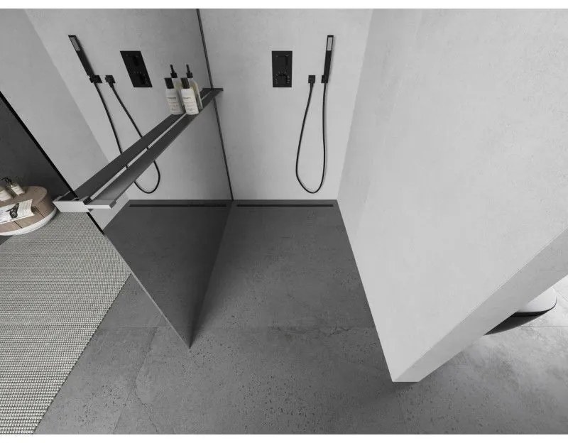 Mexen Kioto+ L, sprchová zástena Walk-In s poličkou a vešiakom 80 x 200 cm, 8mm sklo vzor zrkadlo, grafitový profil, 800-080-123-95-50