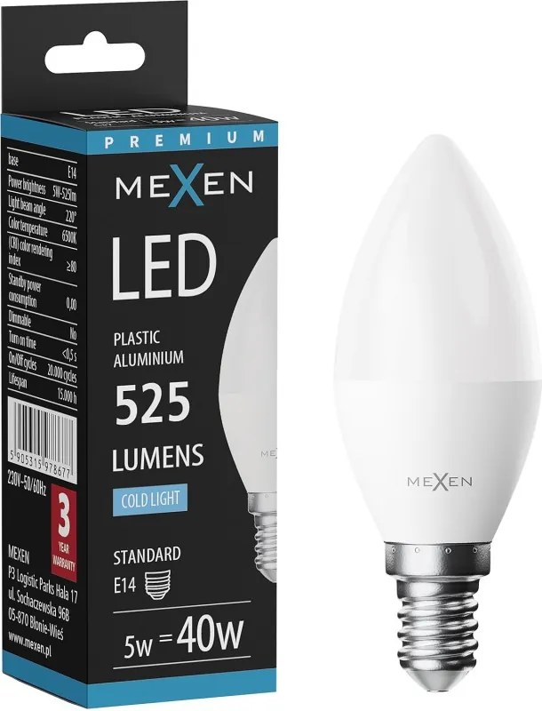 Mexen Nova, LED žiarovka E14, C37, 5W, neutrálna - 4000K, 525 lm - L102-E14-0540-01