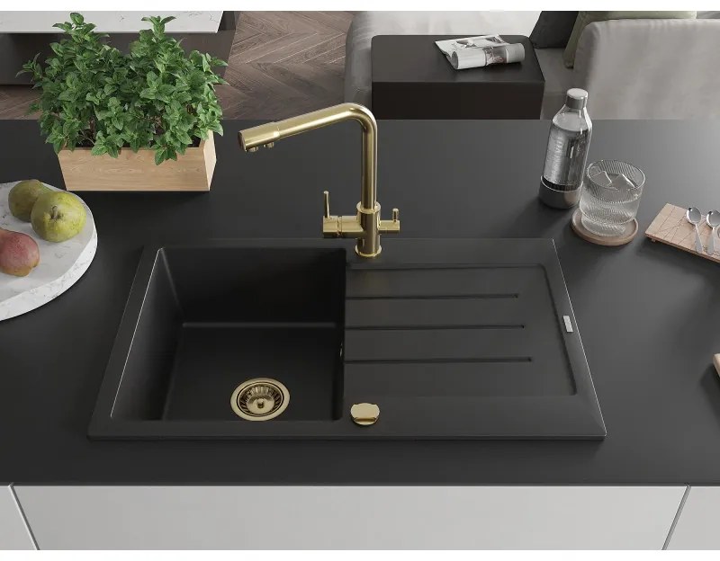 Mexen Bruno, 1-komorový granitový drez s odkvapkávačom 795x495x200 mm a zlatá batéria Duero, čierna, 6513-77-671600-50