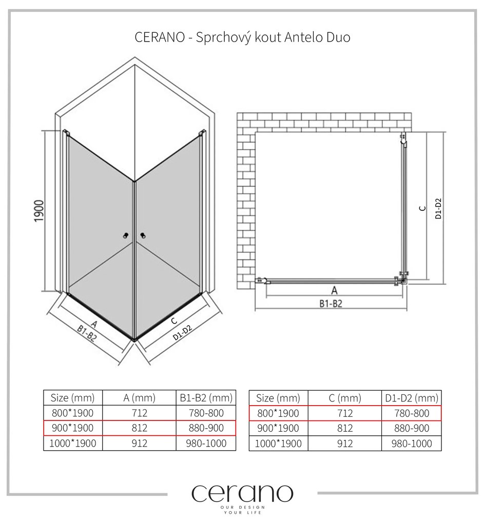 CERANO - Sprchovací kút Antelo Duo L/P - chróm, transparentné sklo - 90x80 cm - krídlový, CER-CER-480406