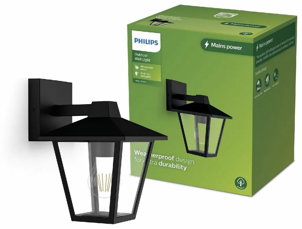 Vonkajšie nástenné svietidlo Philips Kinno sostropným svietidlom čierne, E27, max. 1x25 W