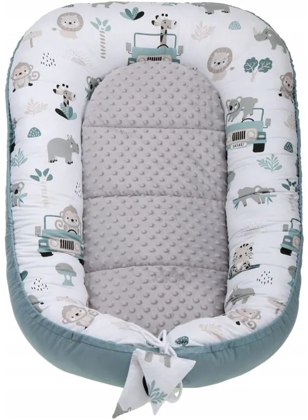 Obojstranné hniezdočko (kokon) pre bábätko - BABYMAM PREMIUM set 7v1 - Na safari so šedou minky