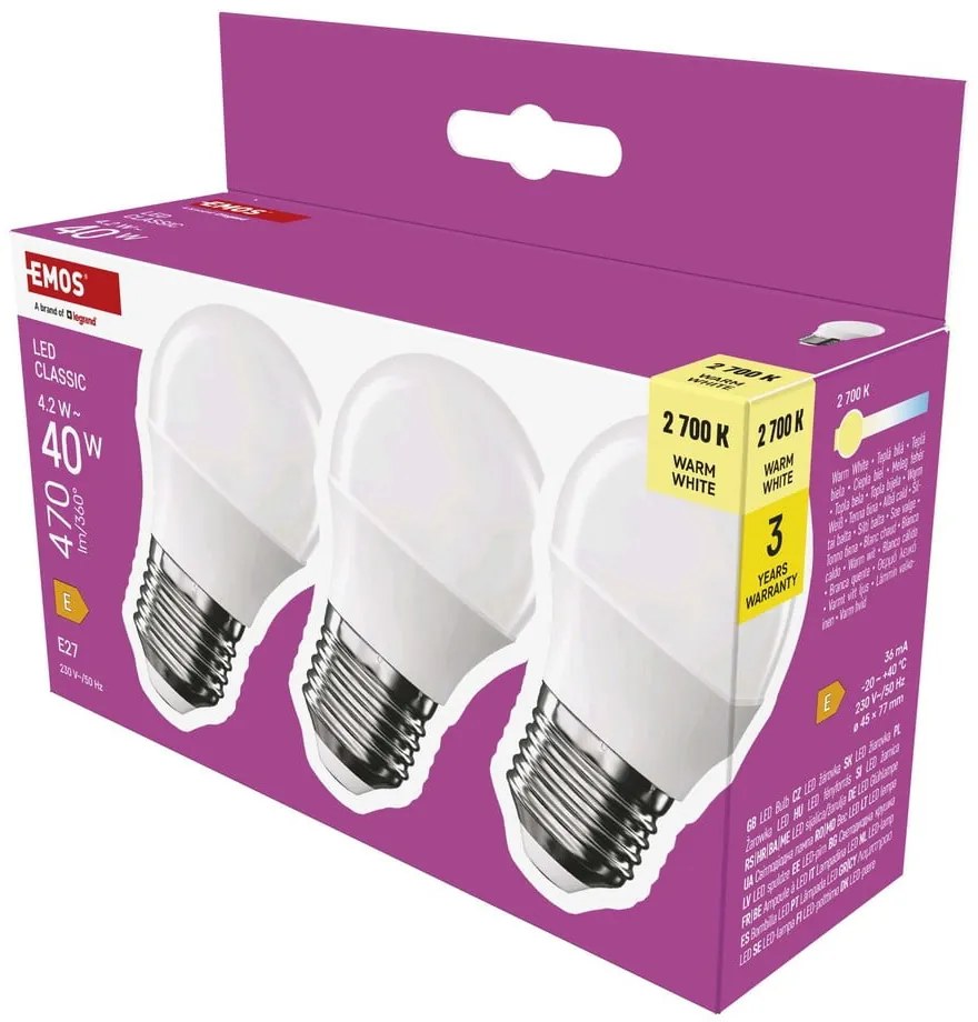 Teplé biele LED žiarovky v súprave 3 ks E27, 4 W – EMOS