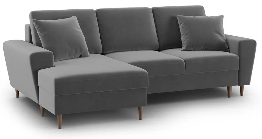 Svetlosivá zamatová rozkladacia/s úložným priestorom rohová pohovka (ľavý roh/s leňoškou) Kyoto – Cosmopolitan Design