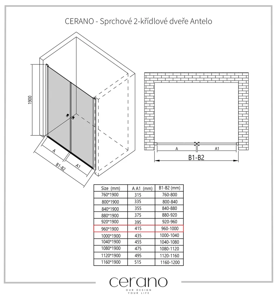 Cerano Antelo, 2-krídlové sprchové dvere do otvoru 96x190 cm, 6 mm číre sklo, chrómový profil, CER-CER-432322