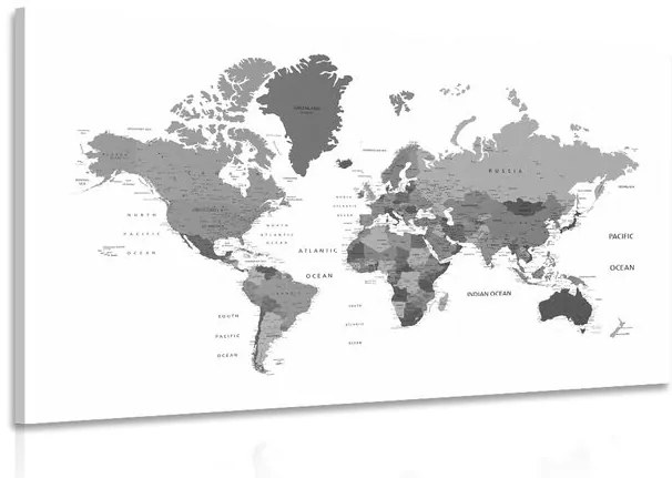 Obraz mapa sveta v čiernobielej farbe