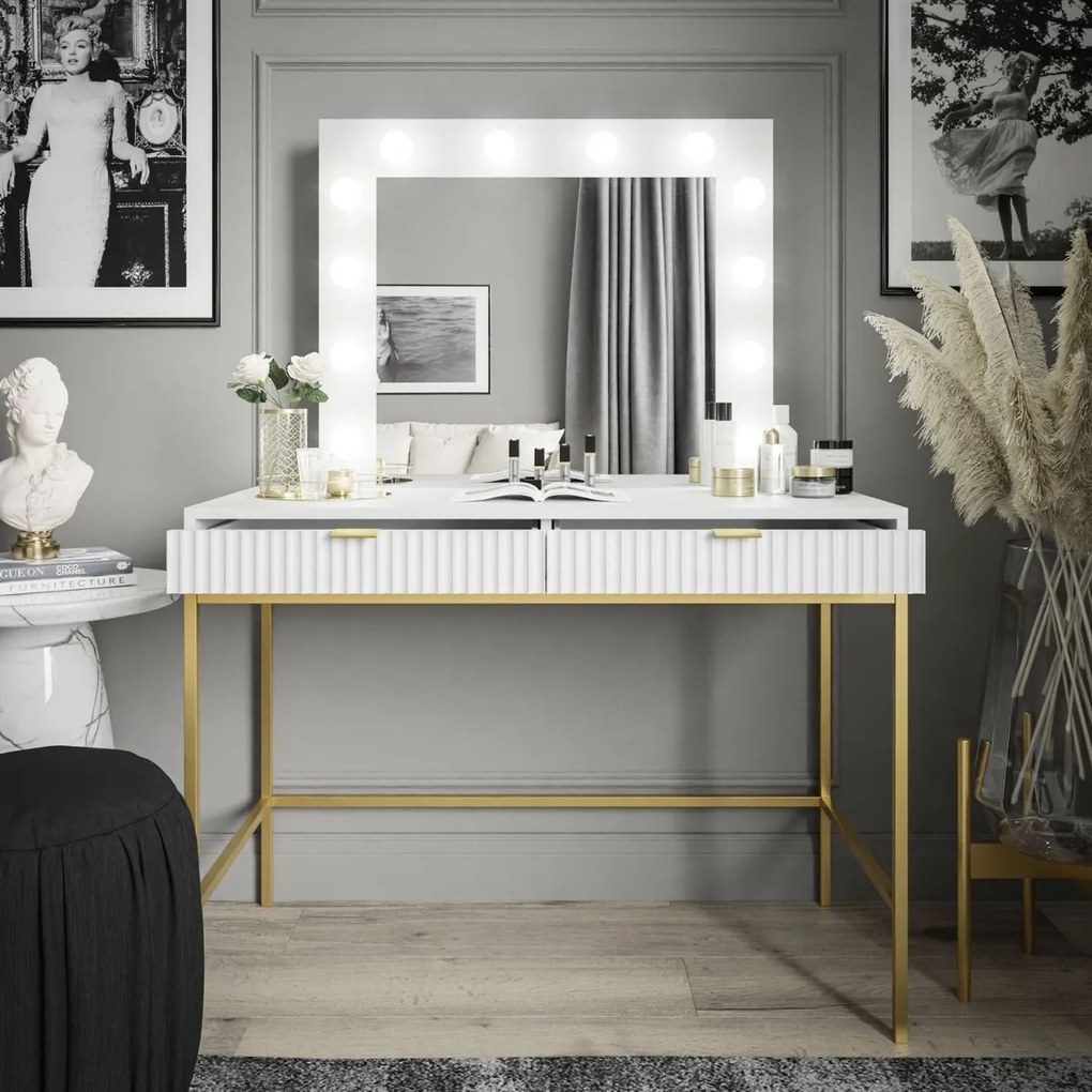 TOALETNÝ STOLÍK VIGGO BIELY + ZLATÝ PODSTAVEC + ZRKADLO