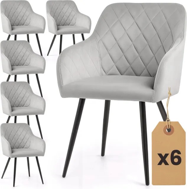Sada šiestich jedálenských stoličiek VELTO zamatové, sivé / čierne nohy (6 ks)