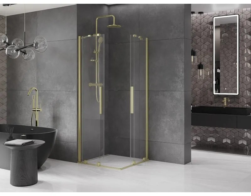 Mexen Velar Duo, sprchový kút s posuvnými dverami 90(dvere) x 90(dvere) cm, 8mm číre sklo, zlatý matný profil, 871-090-090-02-55